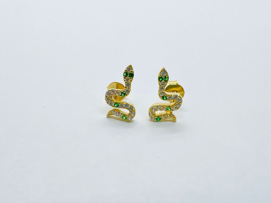 Earring Push PinSterling Silver Yellow Gold Plated Emerald Snakes- SVE5