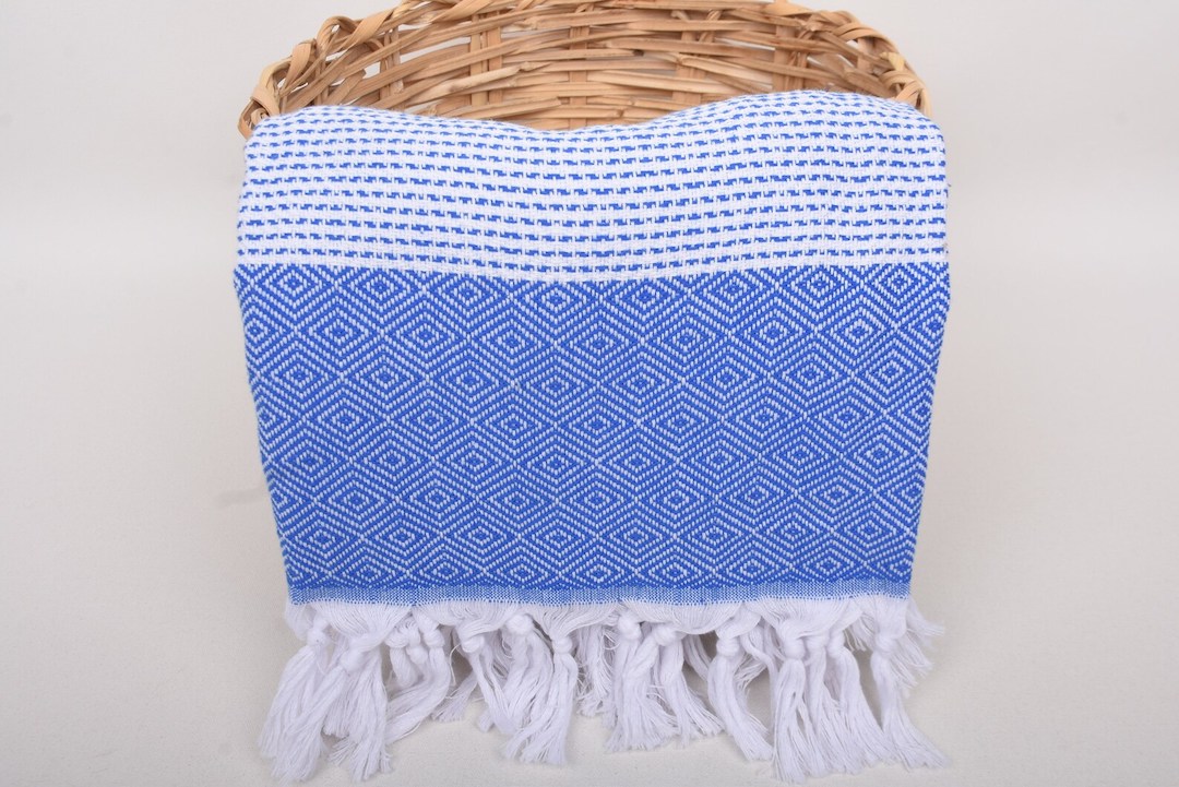 Sax Blue White Diamonds Stripes Bath Towel Organic Turkish Towel - 70" X 40"