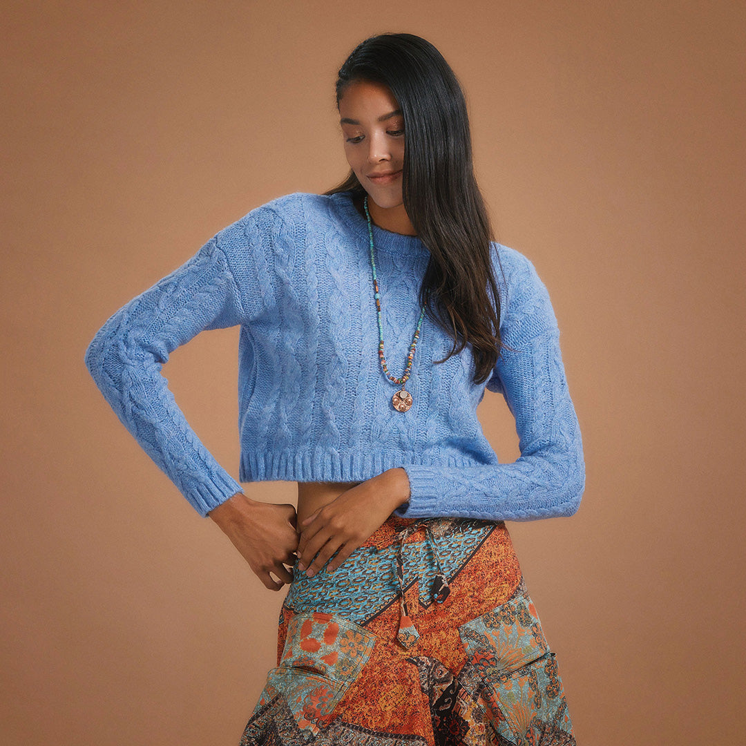Sweater Cable Knit Crop - Light Blue