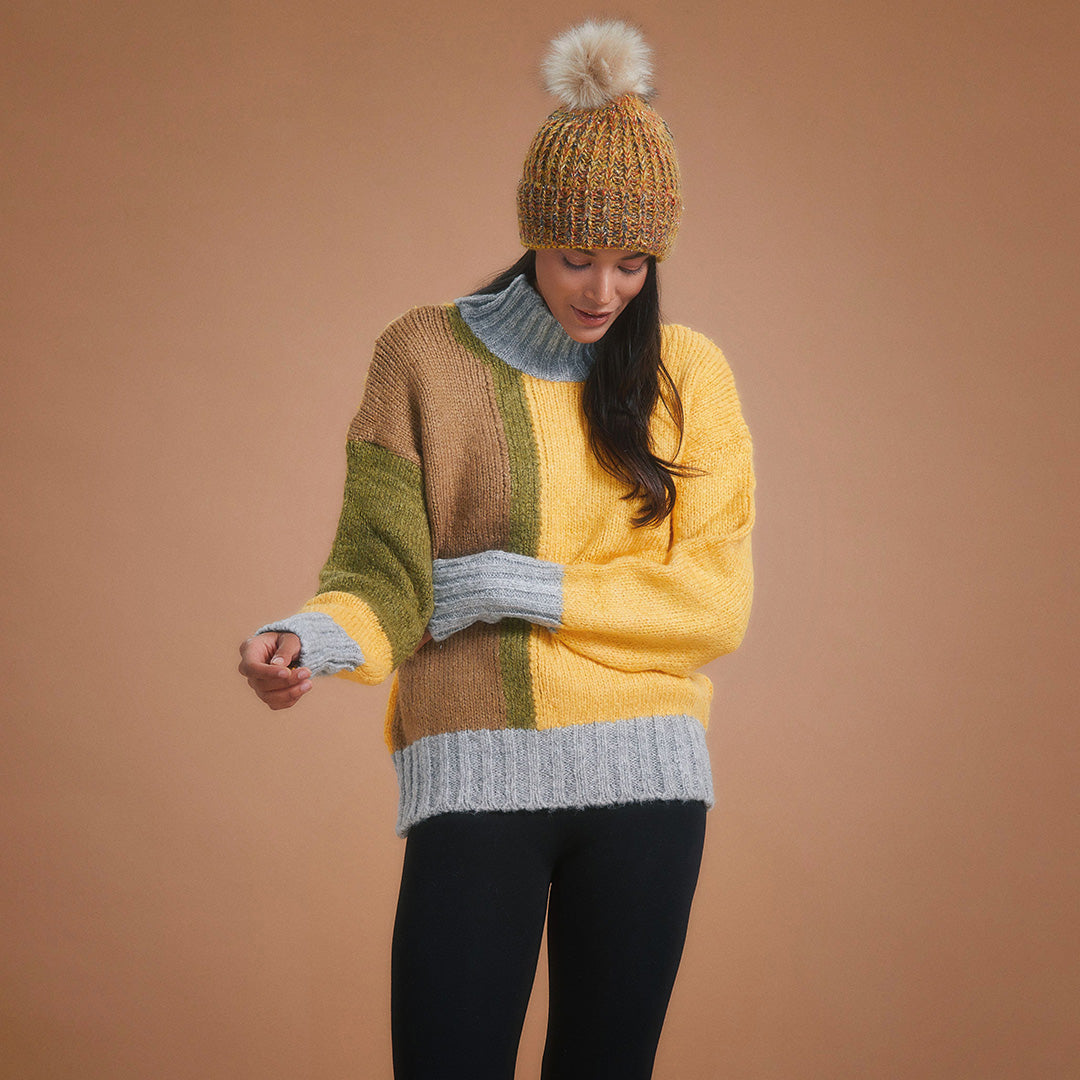 Turtle Neck Oversized Color Block Knit Sweater - Yellow
