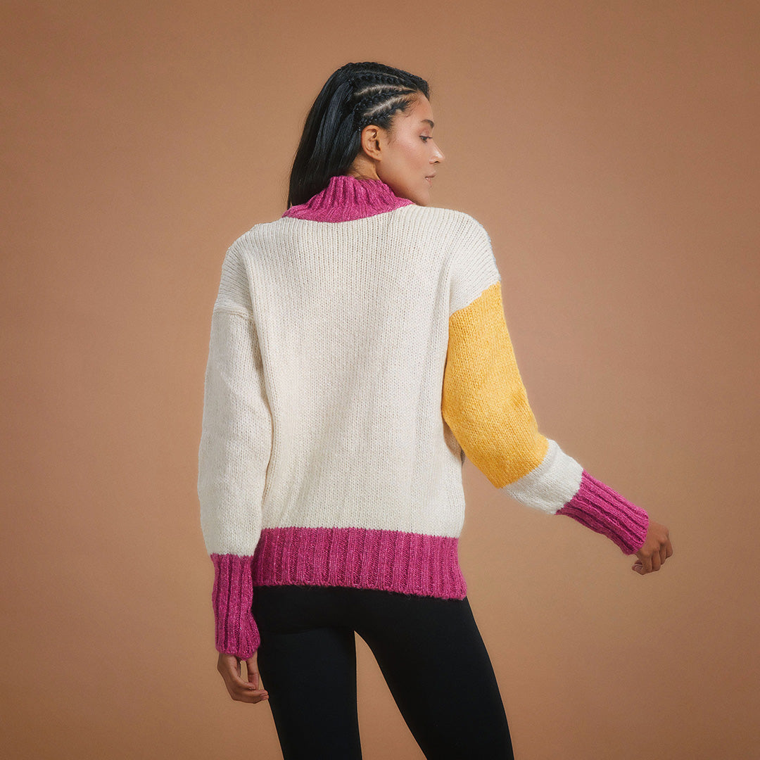 Turtle Neck Oversized Color Block Knit Sweater - Hot Pink