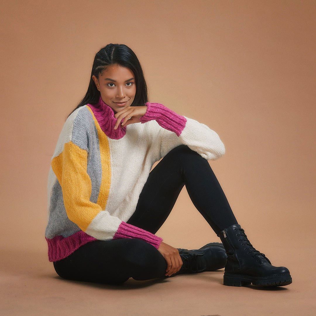 Turtle Neck Oversized Color Block Knit Sweater - Hot Pink