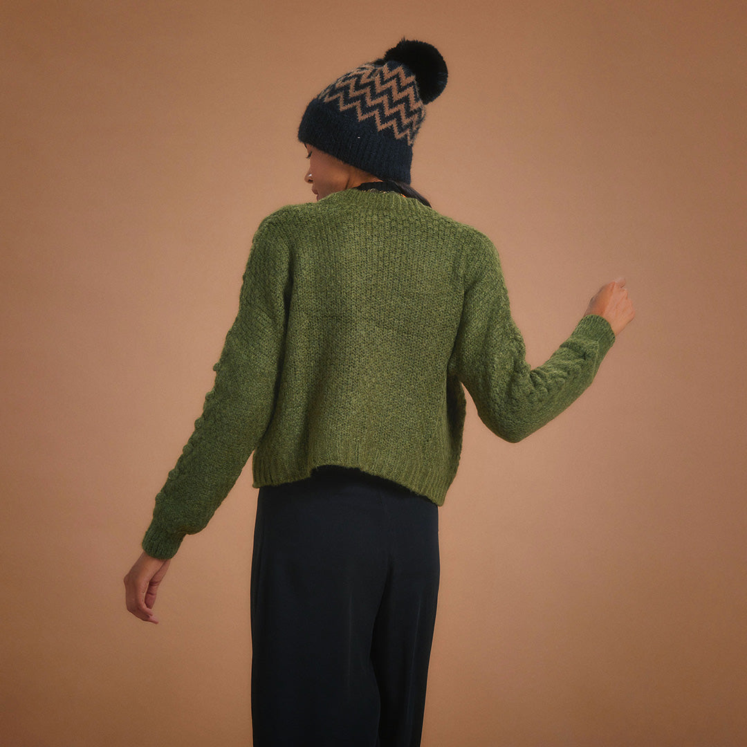 Cable Knit Crop Cardigan - Green