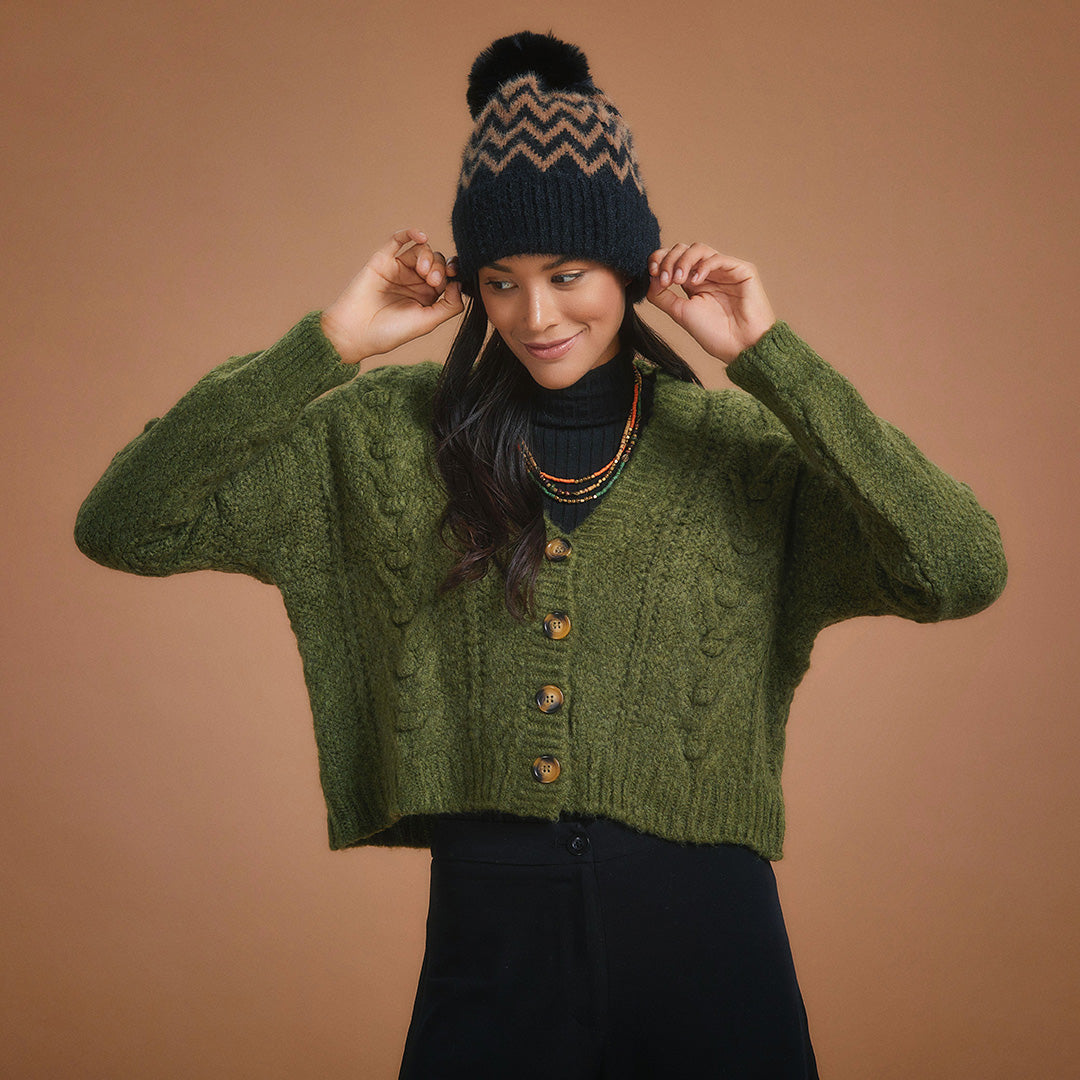 Cable Knit Crop Cardigan - Green