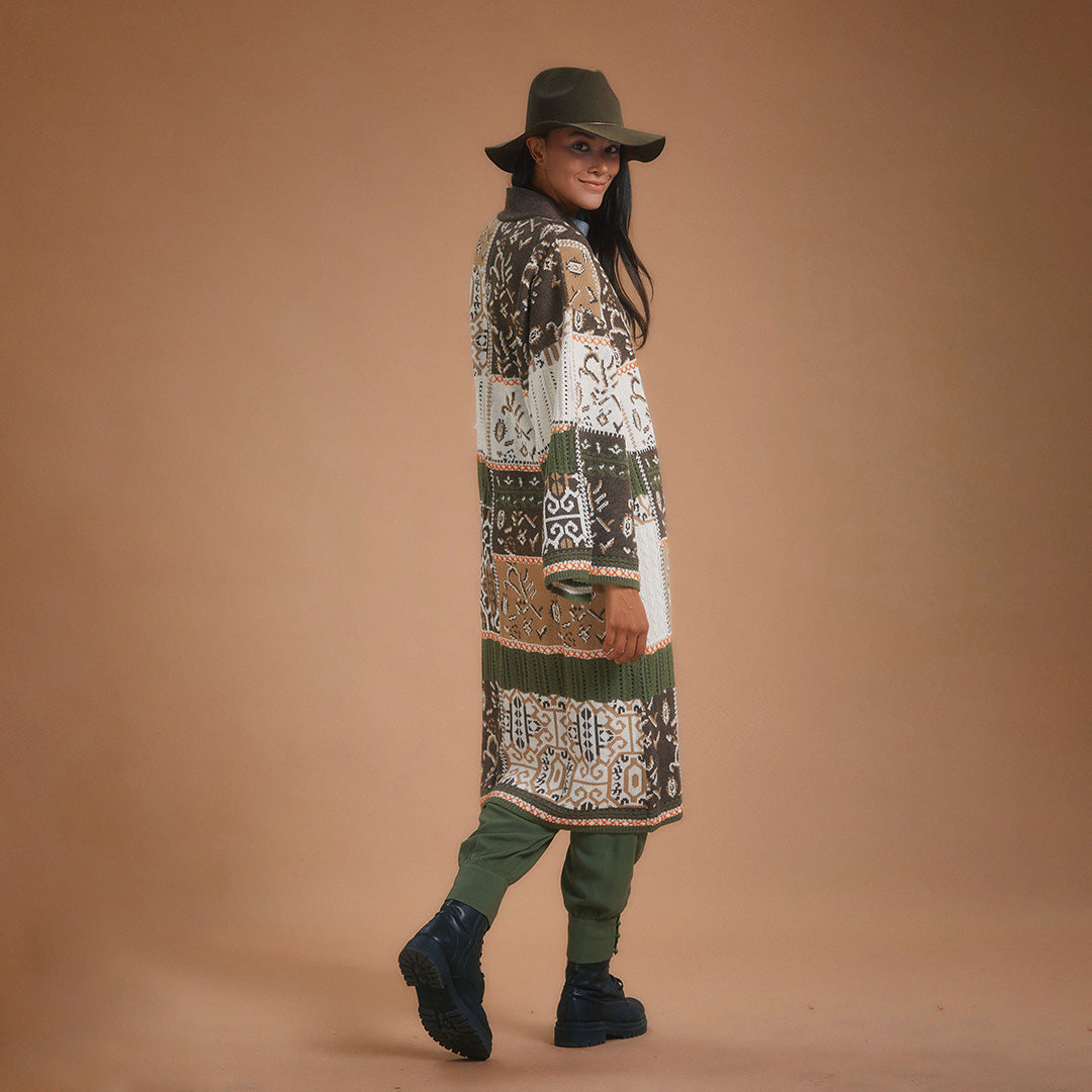 Patchwork Kimono Style Long Cardigan - Green Patchwork