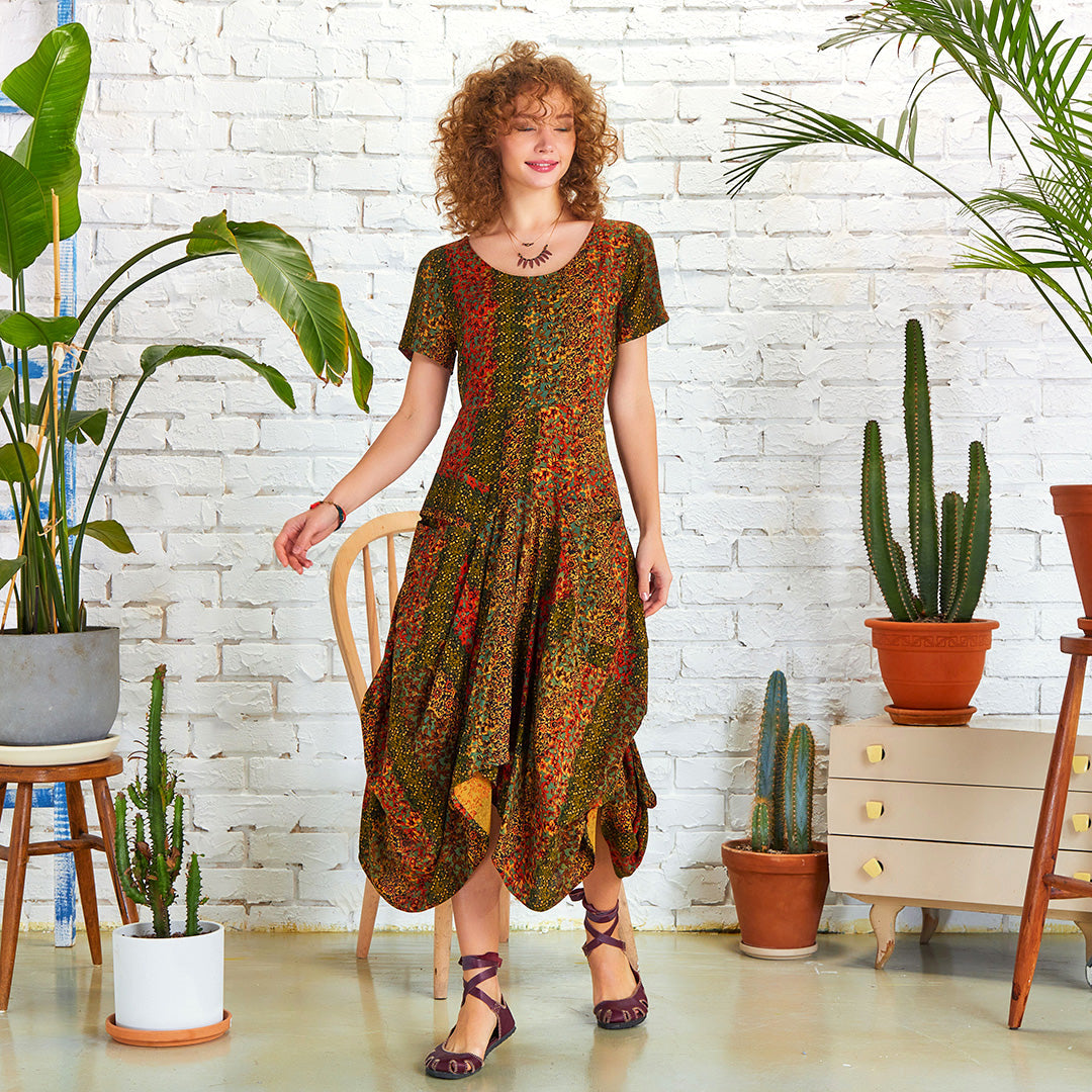Juby Viscose Half-Sleeve Dress - Mustard Green Print