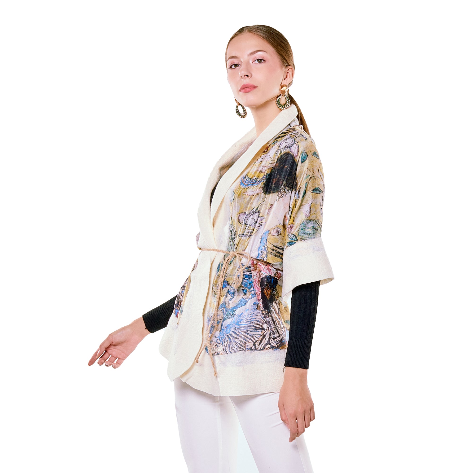 Silk & Merino Felt Shawl -Gustav Klimt Lady with Fan White