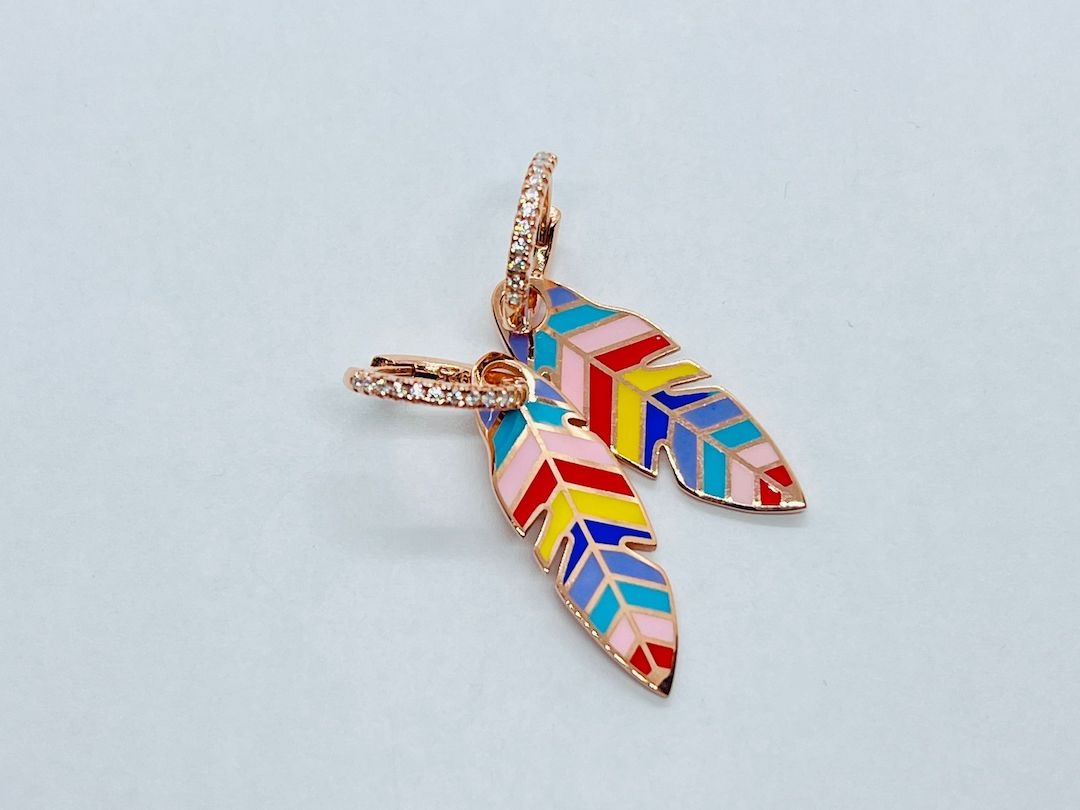 Earring Sterling Silver Rose Gold Plated Colorful Feathers - SVE1