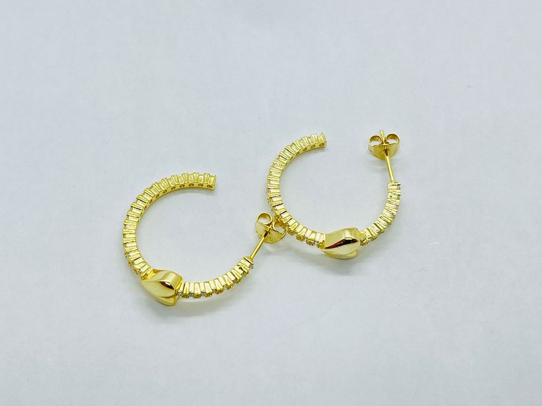 Earring Push Pin Silver Pave Yellow Gold Heart Small - SVE9