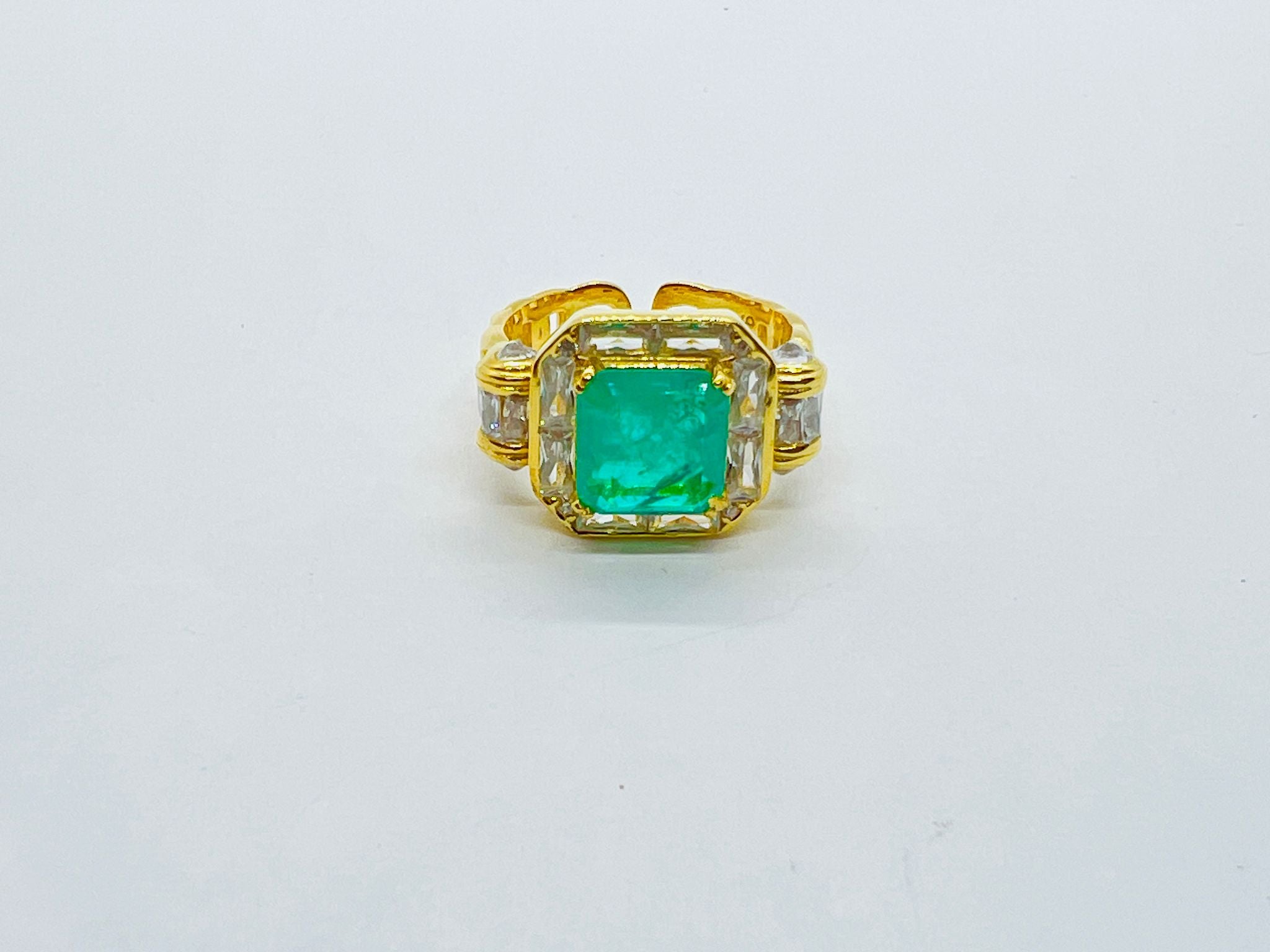 Ring Sterling Silver Yellow Gold Synth Emerald Open - SVR3