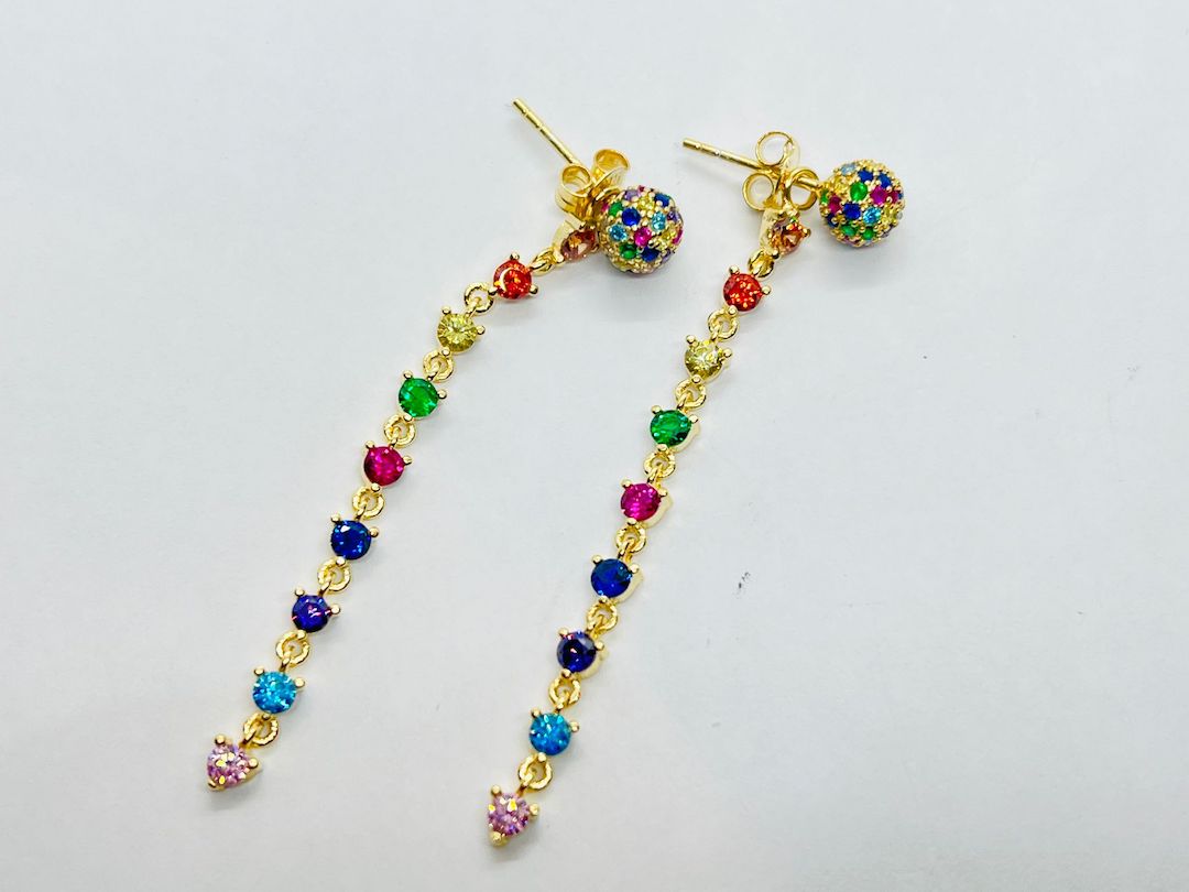 Earring Push Pin Silver Yellow Gold Plated Colorful Dangle - SVE20
