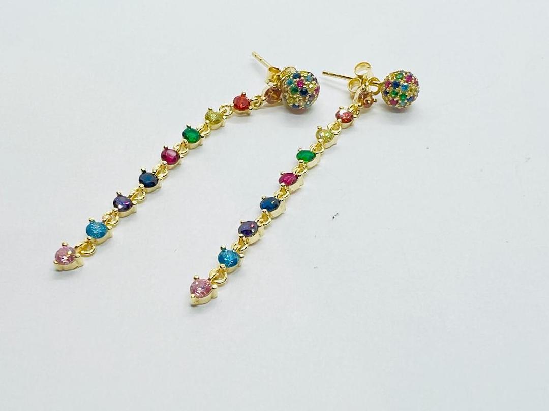 Earring Push Pin Silver Yellow Gold Plated Colorful Dangle - SVE20