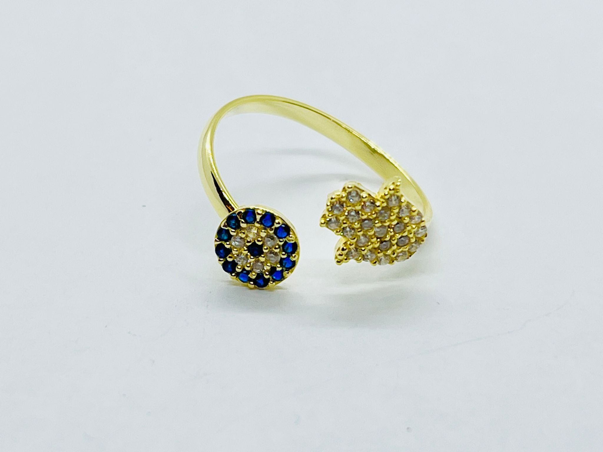 Ring Silver Yellow Gold Thin Fatima Hand & Evil Eye Ring Open Design - SVR12