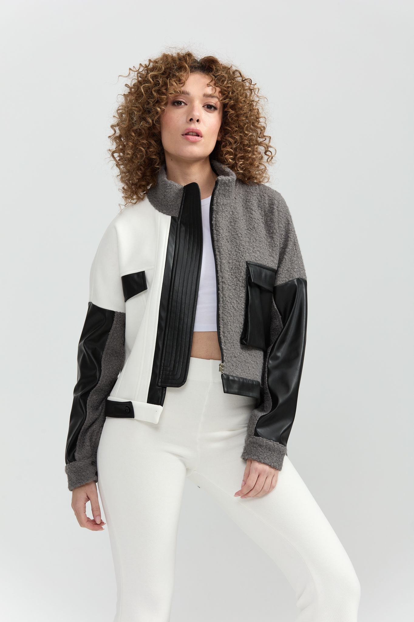 Asymmetrical Patchwork Jacket Blouse Vegan Leather Design A-220 - Gray