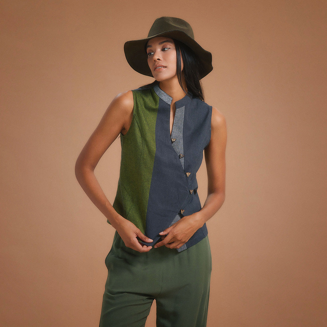 Zaggies - Simple Button Down Shirt Vest - Green Patchwork