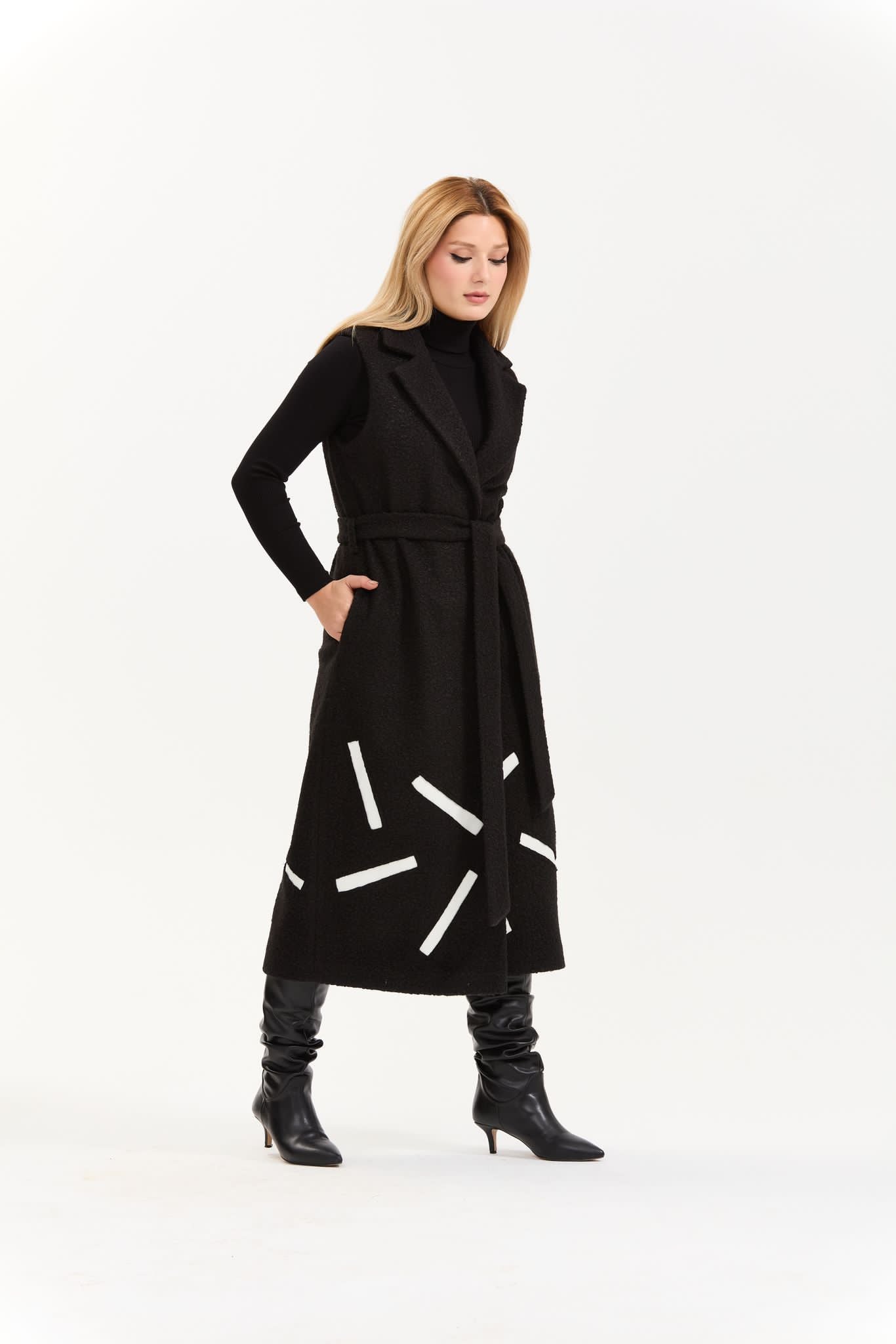 Designer Sleeveless Jacket Cardigan Wool Design B-11 - Black