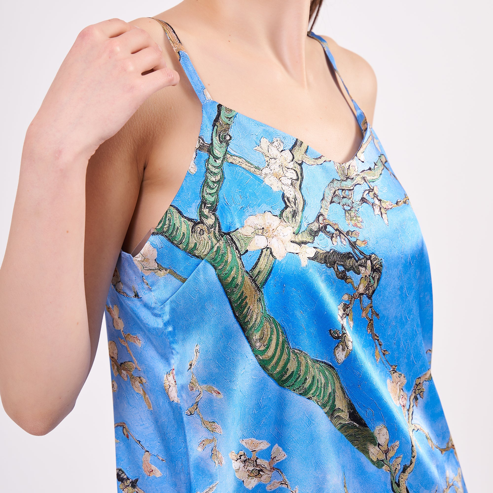 Pure Silk Pyjama Set Tank and Shorts - Almond Blossoms Blue