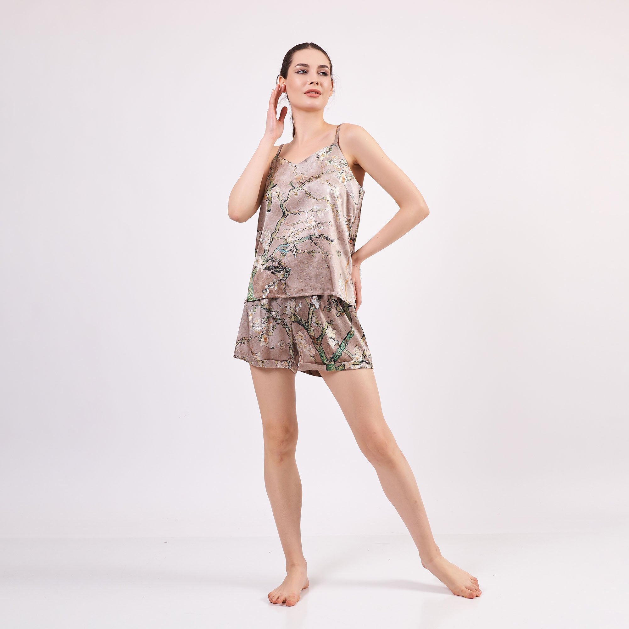 Pure Silk Pyjama Set Tank and Shorts - Almond Blossoms Beige