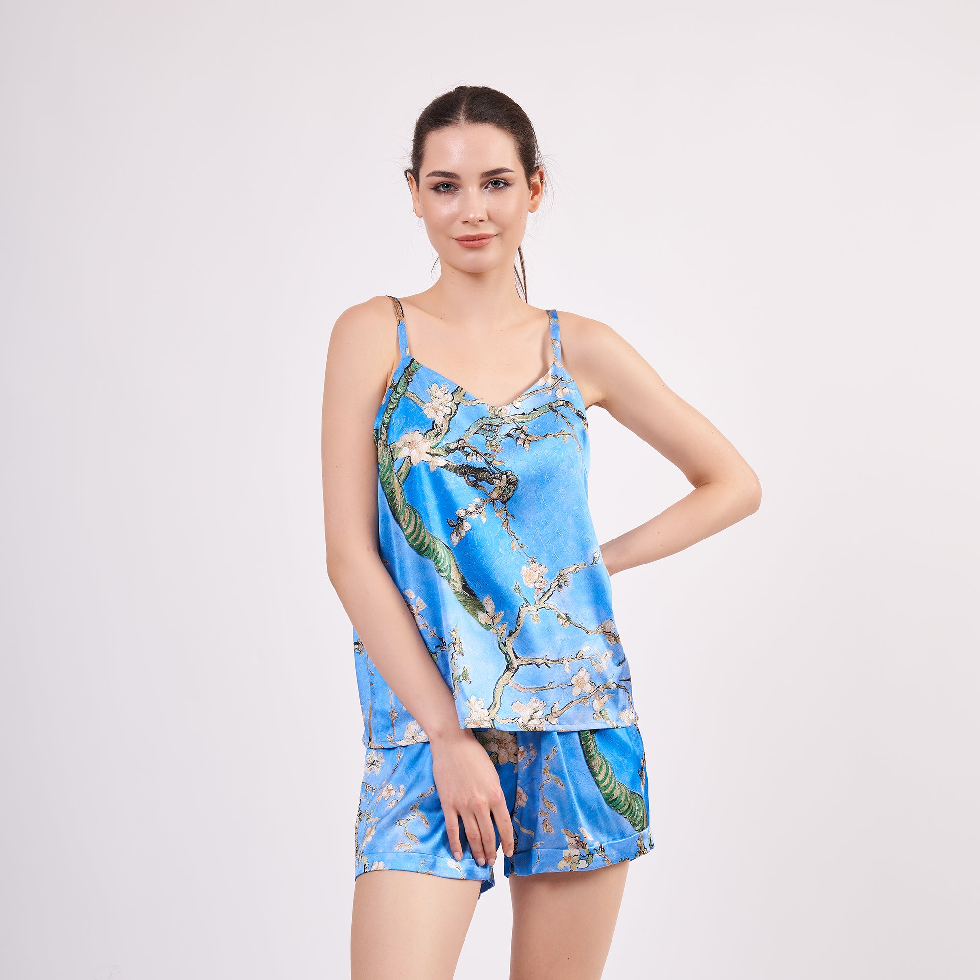 Pure Silk Pyjama Set Tank and Shorts - Almond Blossoms Blue