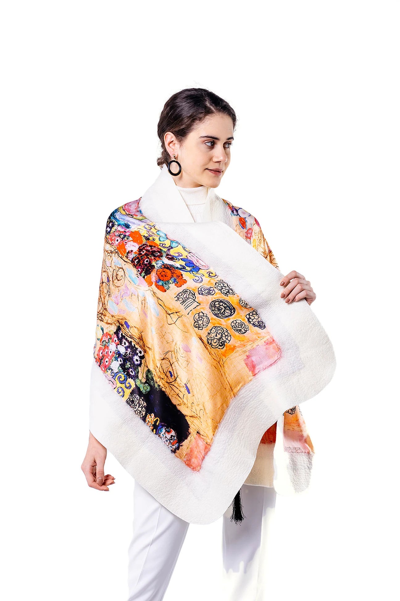Silk & Merino Felt Shawl -Gustav Klimt Maria Munk White