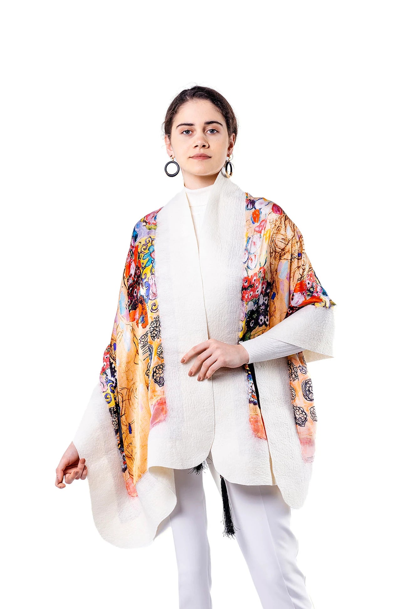 Silk & Merino Felt Shawl -Gustav Klimt Maria Munk White