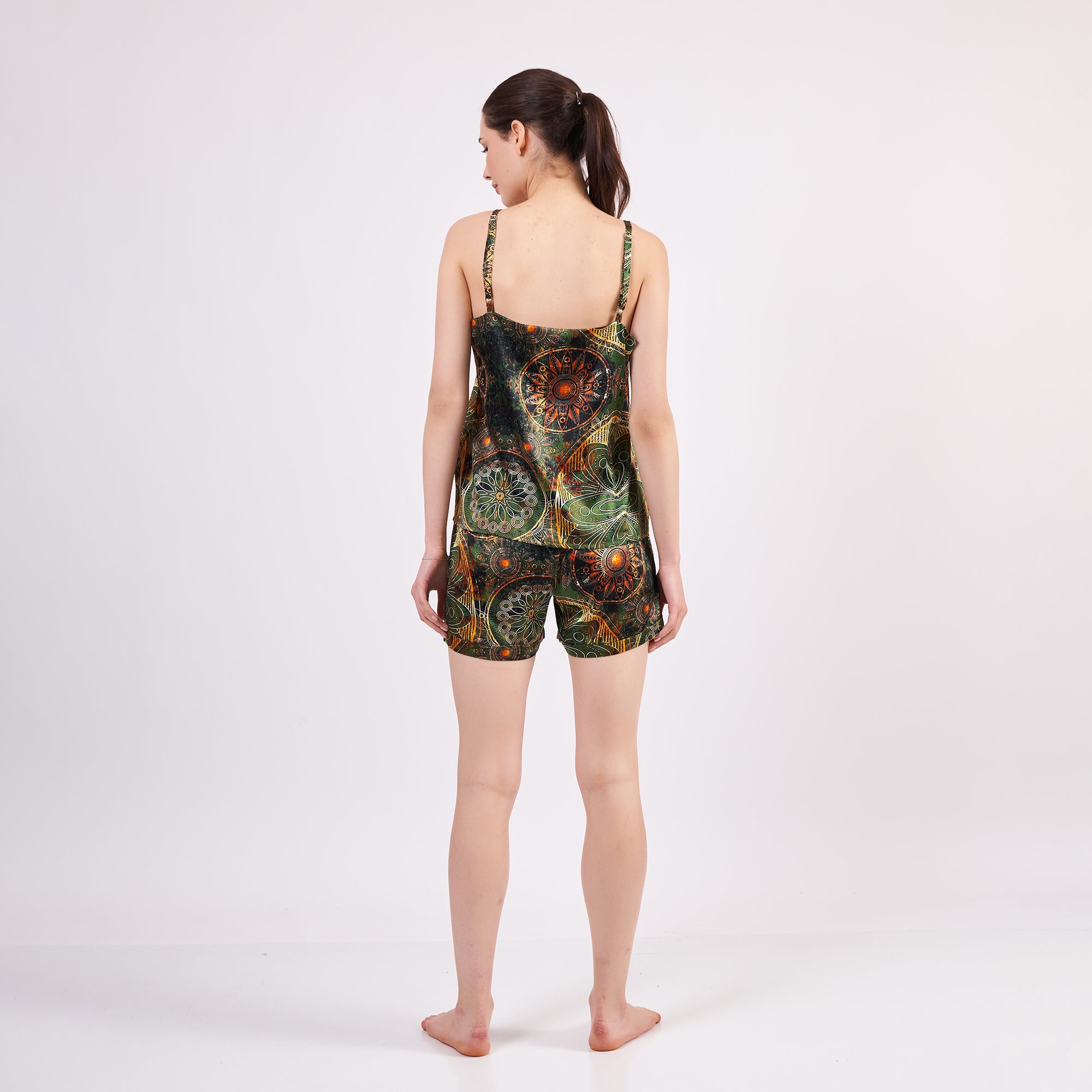 Pure Silk Pyjama Set Tank and Shorts - Mandala Pattern Forest Green