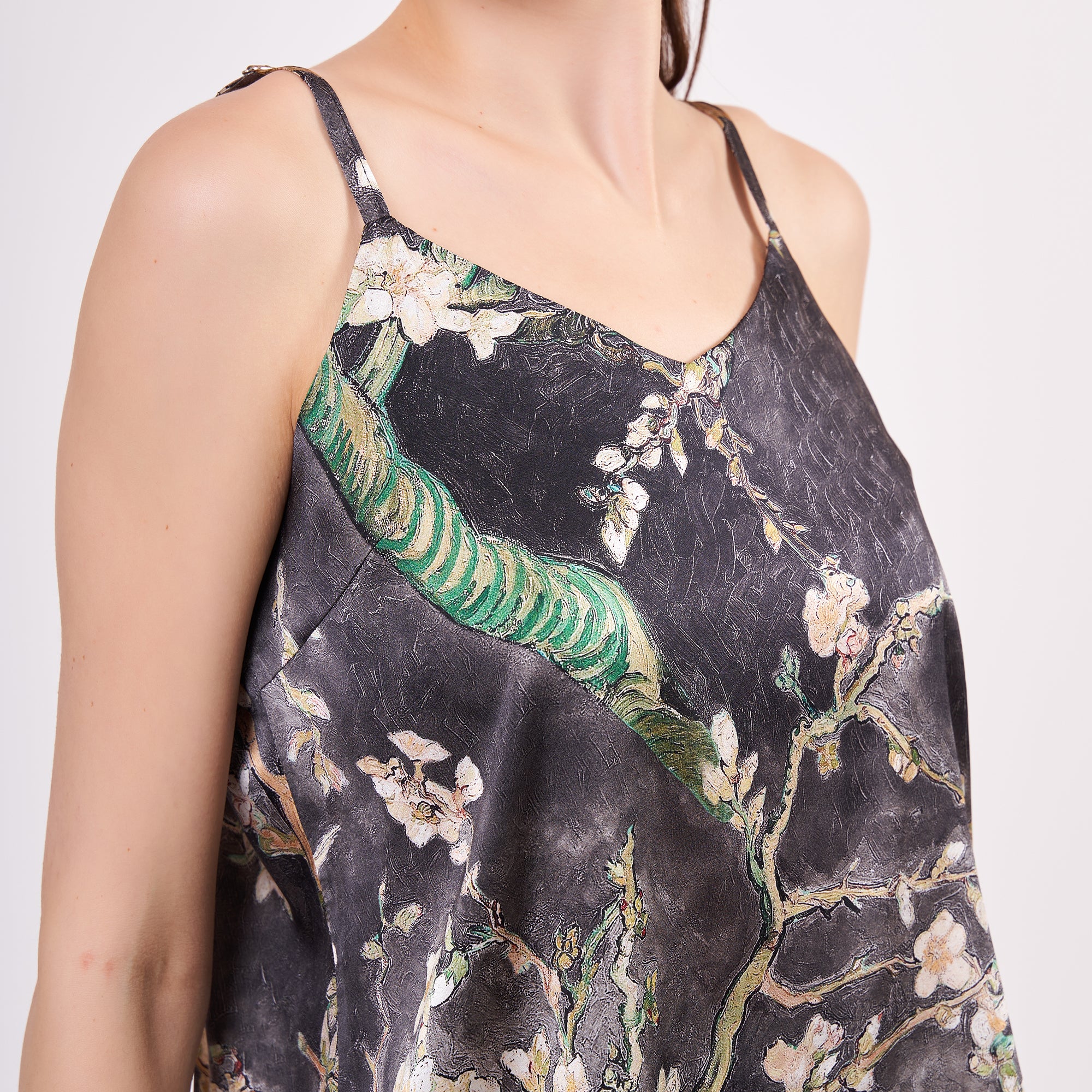Pure Silk Pyjama Set Tank and Shorts - Almond Blossoms Anthracite