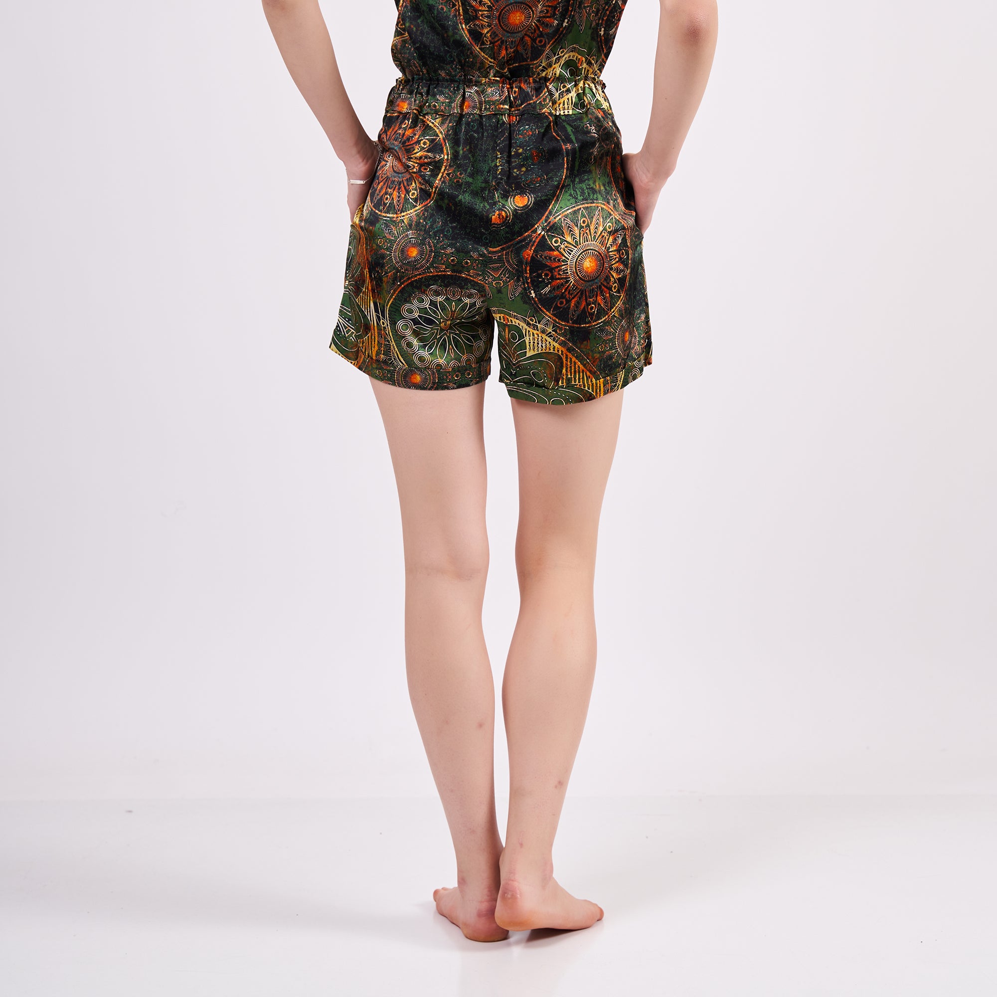 Pure Silk Pyjama Set Tank and Shorts - Mandala Pattern Forest Green