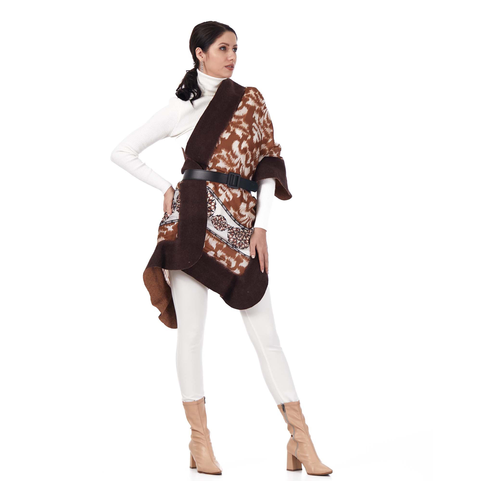 Silk & Merino Felt Shawl -Brown Ikat Pattern Brown-Camel