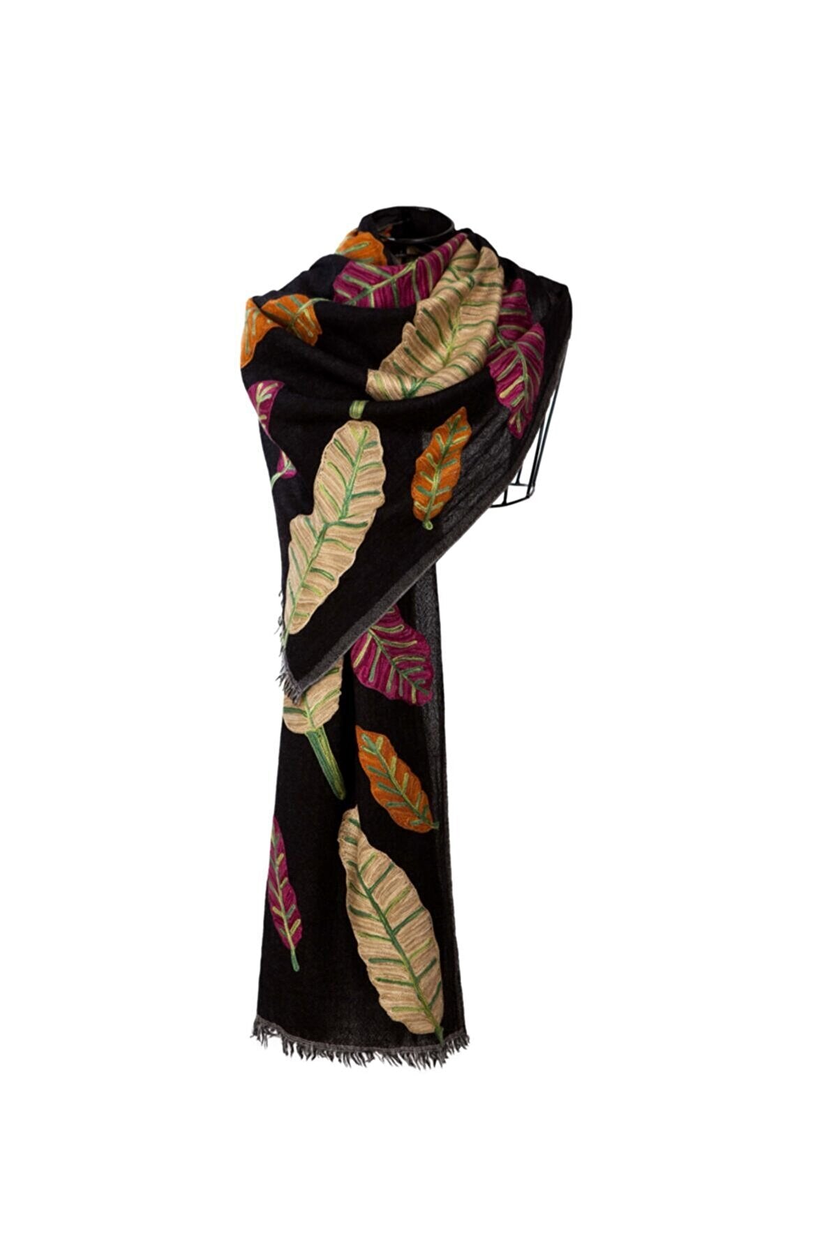 Embroidered Leaves Wool Shawl - Black