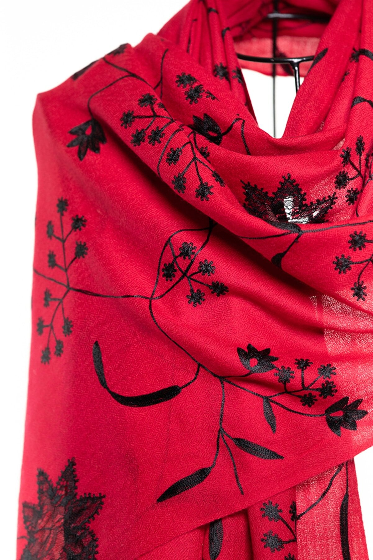 Lace & Embroidery Floral Sheer Shawl - Red Black