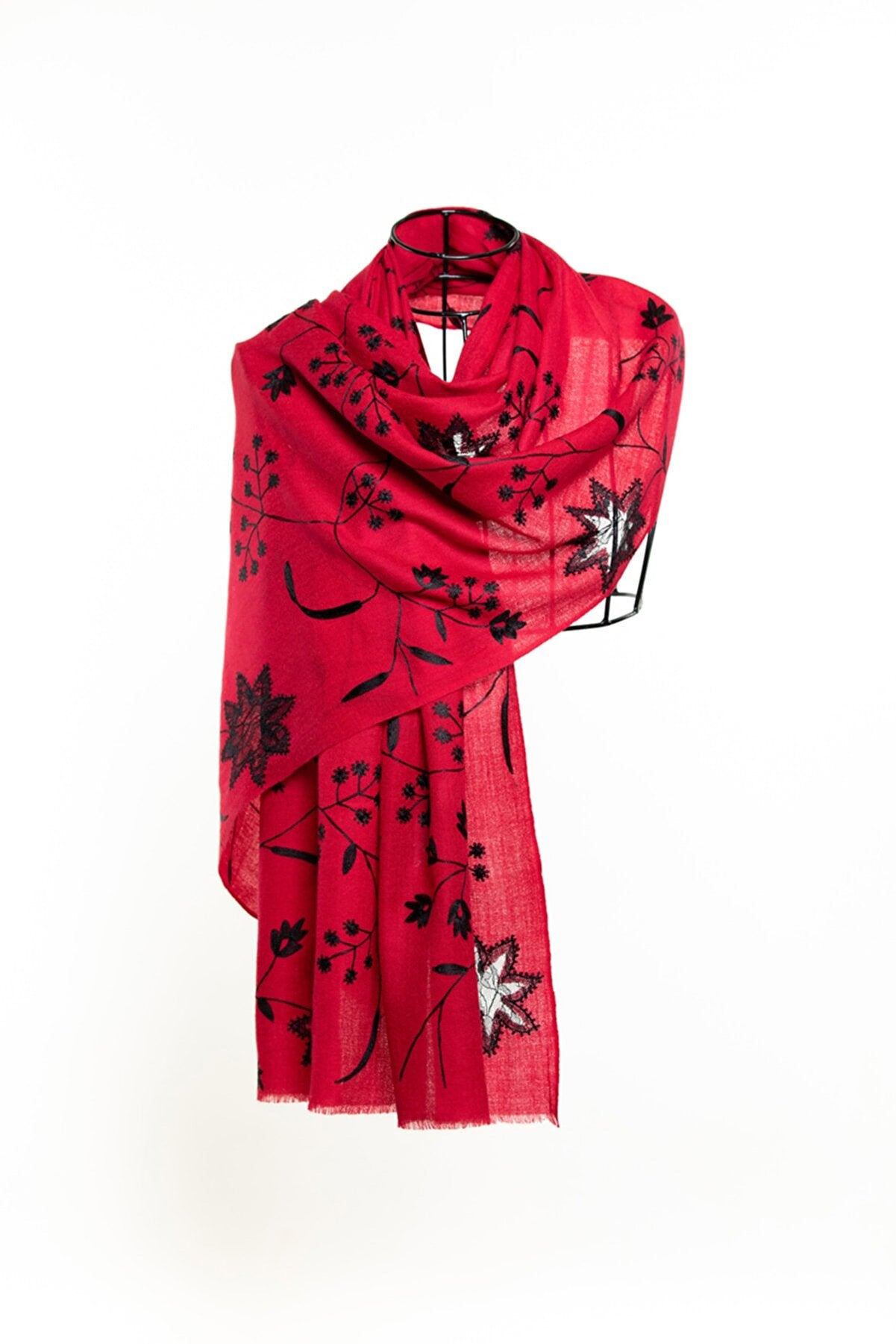 Lace & Embroidery Floral Sheer Shawl - Red Black