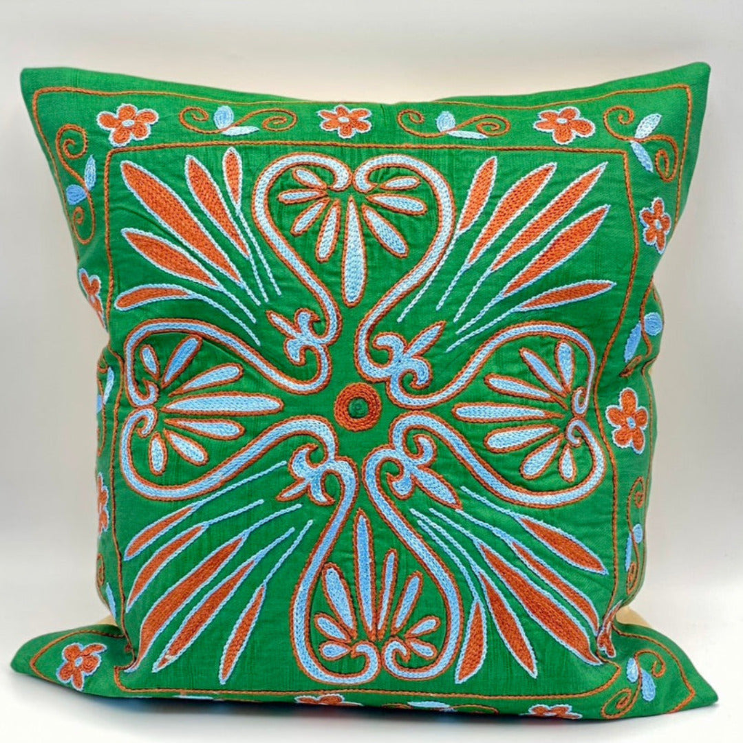 Suzani Silk Pillow Cover Handmade Cushion Cover - Green Sage