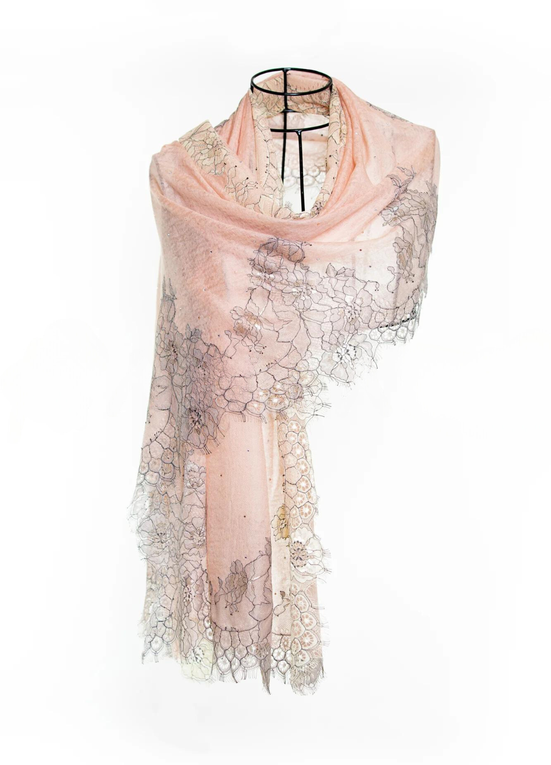 Sparge Cashmere Shawl with French Lace & Crystal - Pink Sage