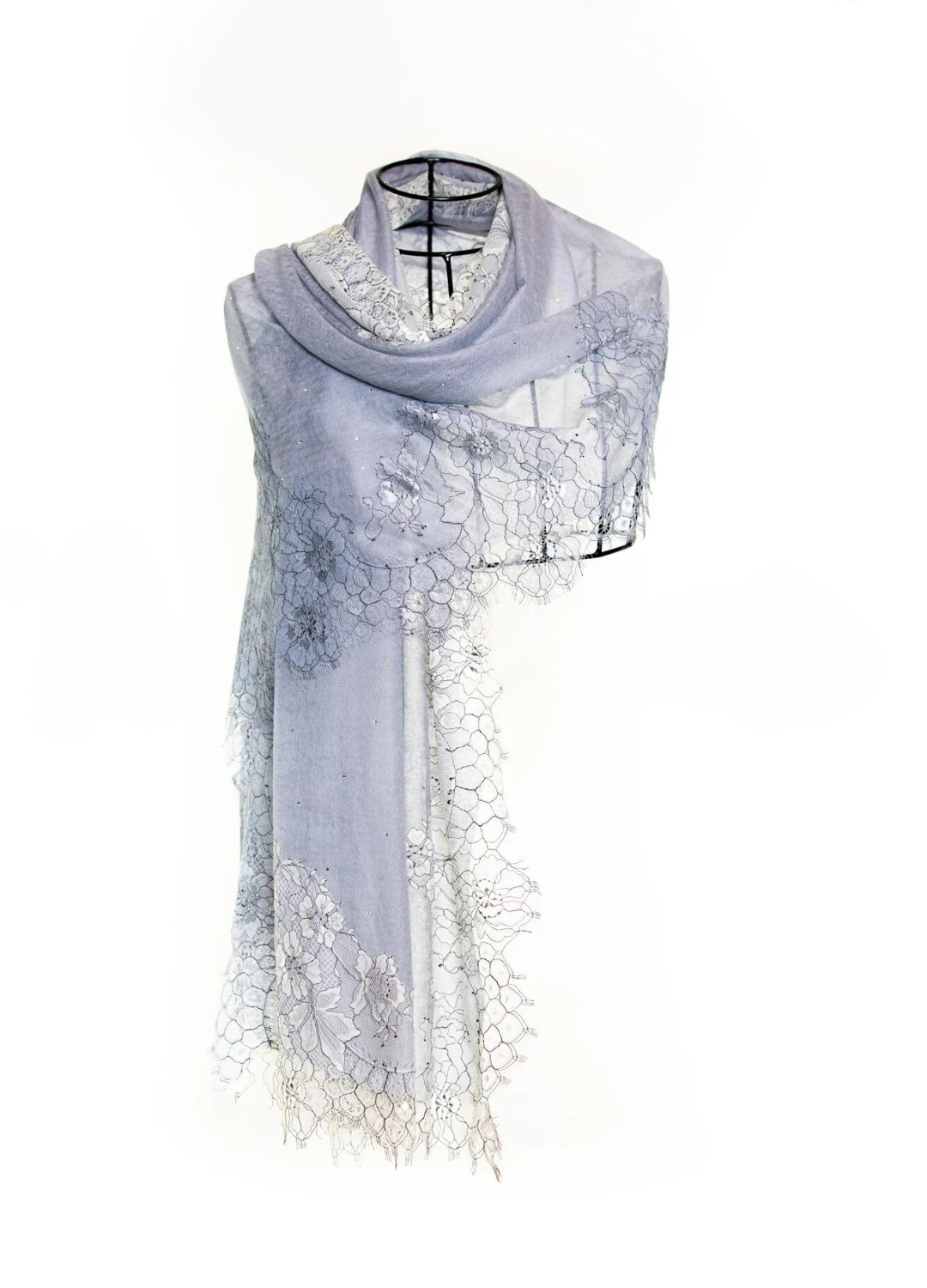 Sparge Cashmere Shawl with French Lace & Crystal - Sky Blue