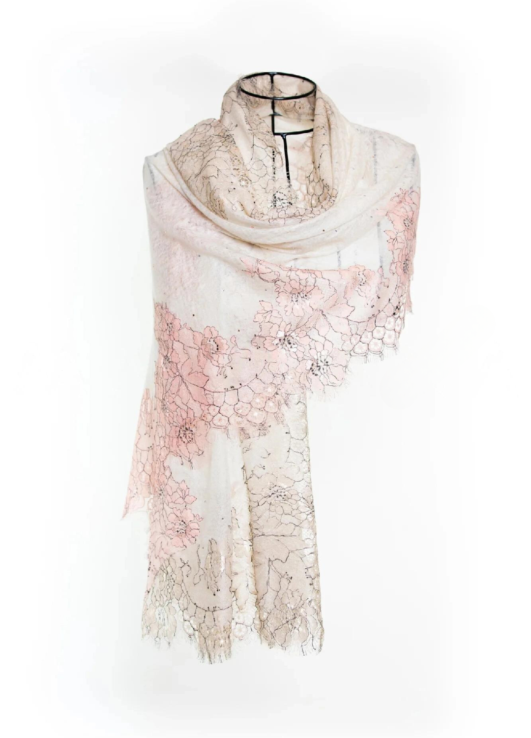 Sparge Cashmere Shawl with French Lace & Crystal - Ivory Pink