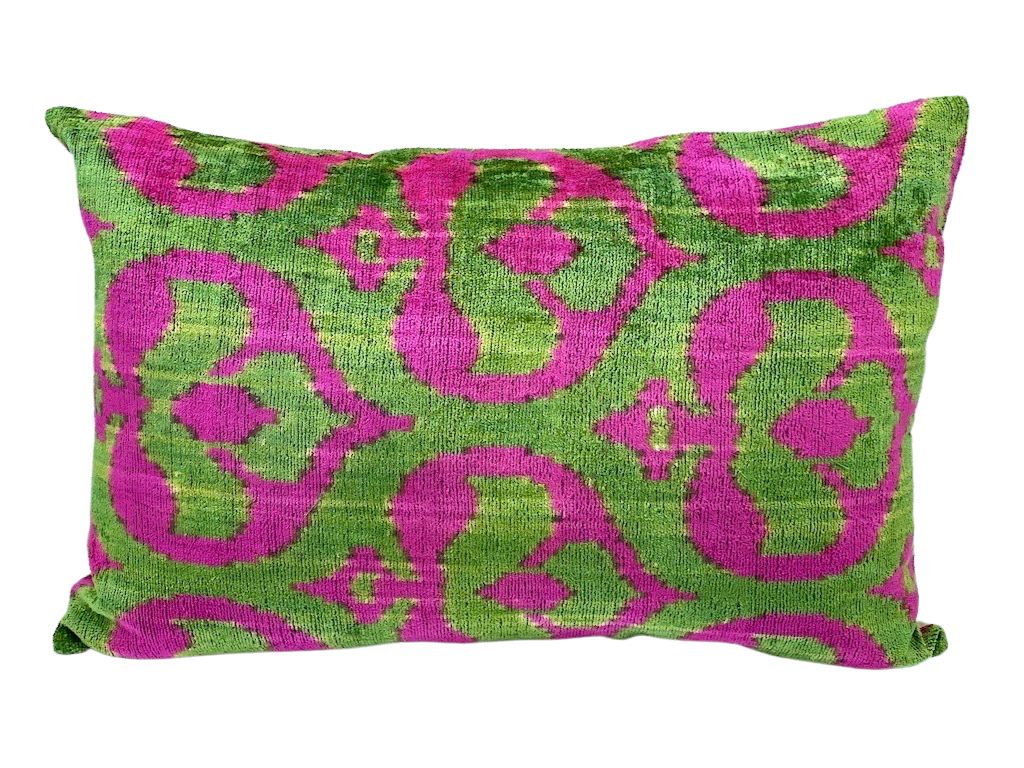 Velvet IKAT Double Pillow Cover Cotton Back 60 CM X 40 CM - Green Fuschia