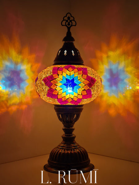 Medium Glass Mosaic Turkish Lamp with Brass Table Top