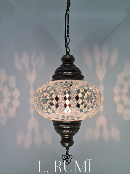 Hanging Large Mosaic Turkish Vintage Glass Lamp with Brass Ceiling Lamp