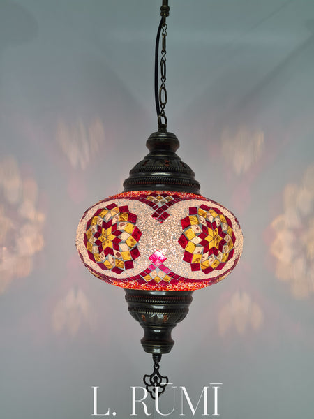 Hanging Large Mosaic Turkish Vintage Glass Lamp with Brass Ceiling Lamp