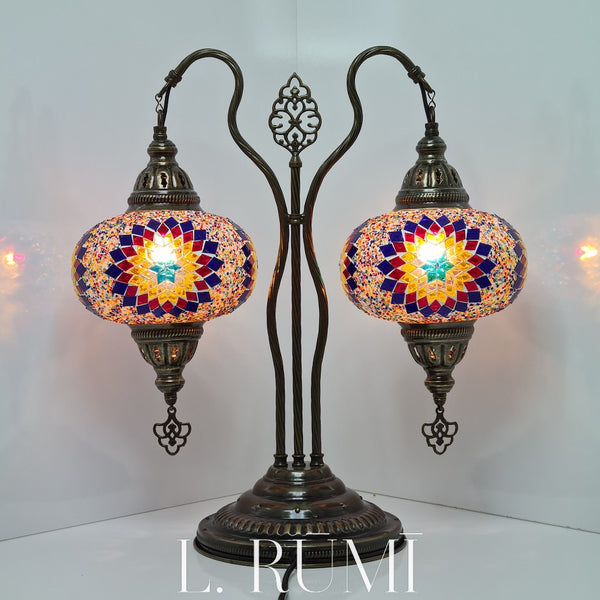 Double Bend Lamp -Mosaic Turkish Vintage Glass Lamp with Brass Table Top Lamp