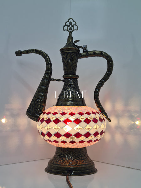 Large - Pitcher IBRIK Mosaic Turkish Vintage Glass Lamp with Brass Table Top Lamp