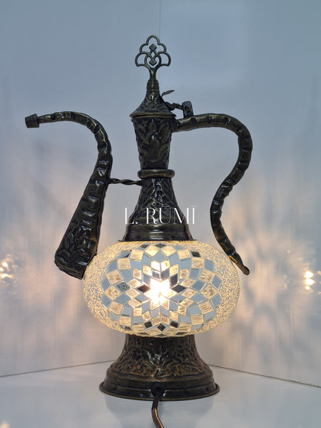 Large - Pitcher IBRIK Mosaic Turkish Vintage Glass Lamp with Brass Table Top Lamp