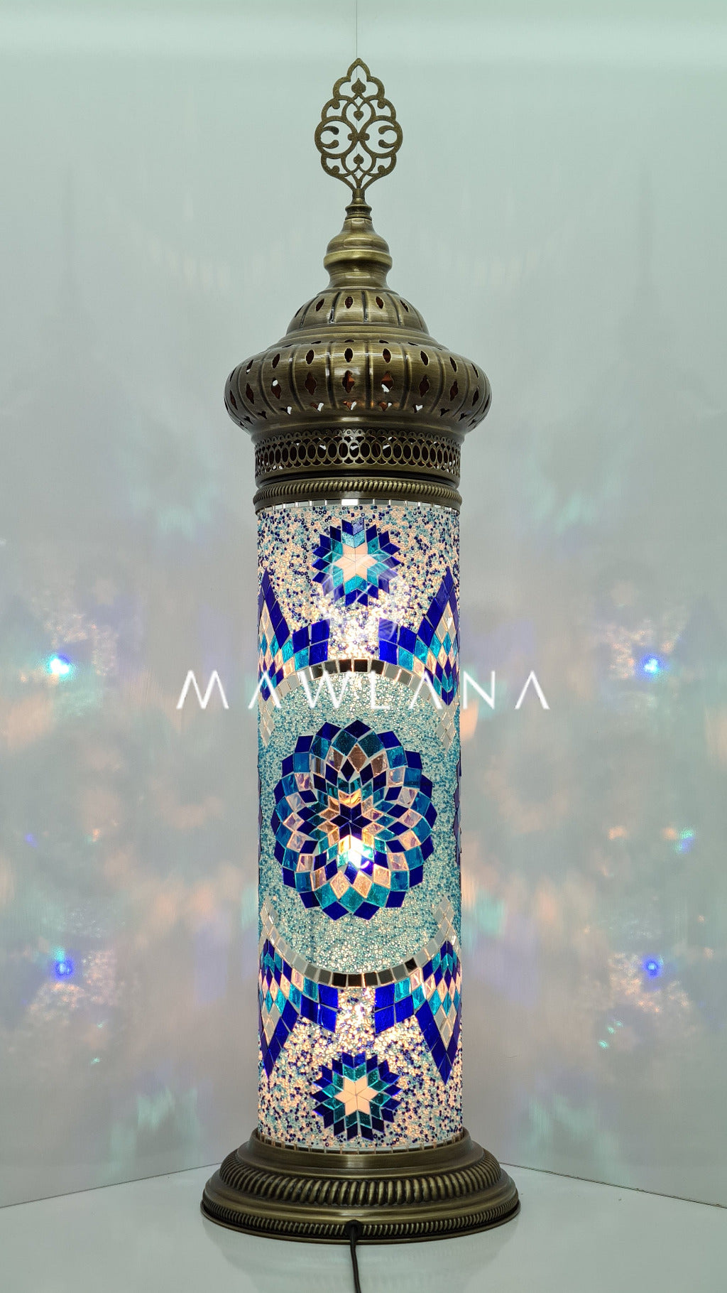 Cylinder Mosaic Turkish Glass Lamp with Brass Table Top Lamp - 50 CM x 15 CM
