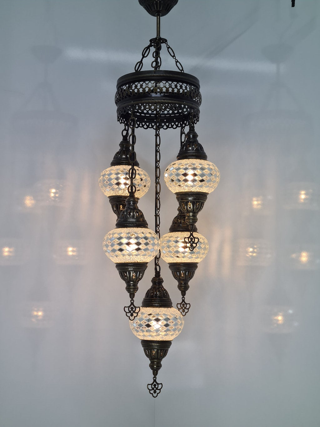 Open Chandelier 5 Mosaic Turkish Glass Lamps with Brass