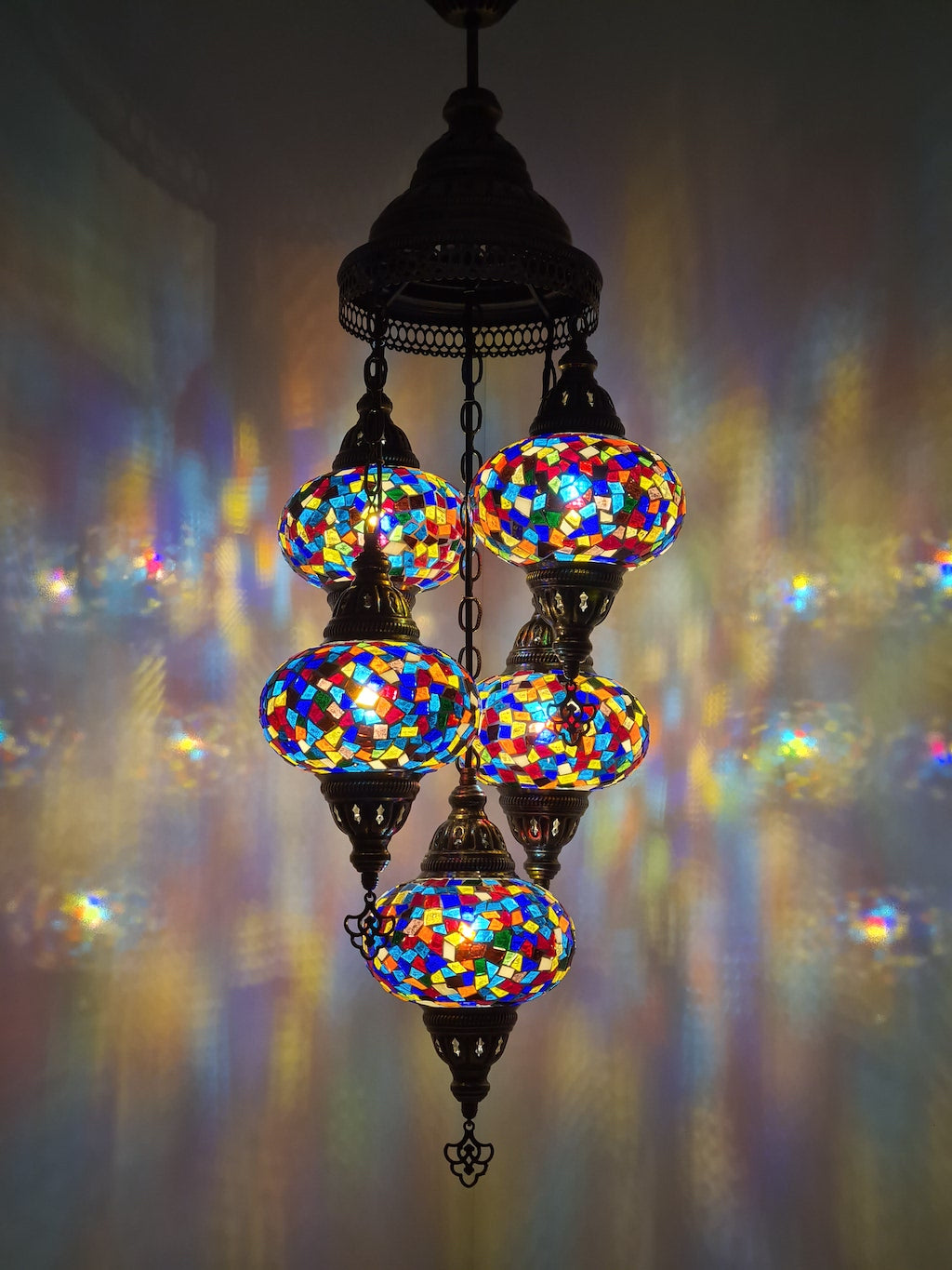 Closed Chandelier 5 Mosaic Turkish Glass Lamps with Brass