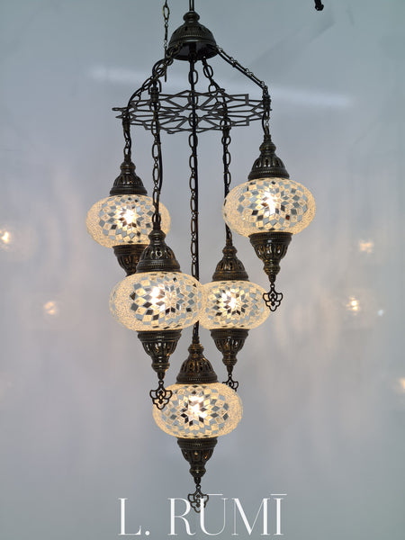 Chandelier 5 Mosaic Turkish Glass Lamps with Brass