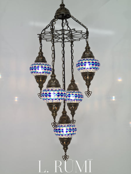Chandelier 5 Mosaic Turkish Glass Lamps with Brass