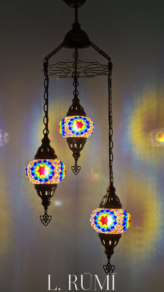 Chandelier 3 Mosaic Turkish  Glass Lamps with Brass