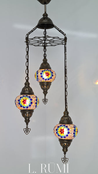 Chandelier 3 Mosaic Turkish  Glass Lamps with Brass